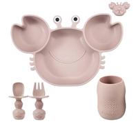 PandaEar Silicone Baby Plate with Suction + Baby Sippy Cup + Baby Feeding Spoon Fork, Divided Kid Toddler Baby Suction Plate, Baby Feeding Items Led Weaning Set, Crab Pink