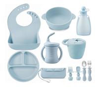 PandaEar Silicone Feeding Set | 11PCS Led Weaning Supplies Self Feeding Utensils | Divided Suction Plate Bowl Bibs Sippy Cup with Food Pouch Snack Container Spoons Forks, Blue