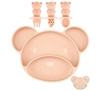 PandaEar Silicone Suction Plate, Spoon and Fork Set, Toddler Self-Feeding, BPA Free, Dishwasher & Microwave Safe, Bear Shape (Pink)