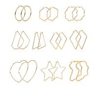 Pandahall 10 Pairs Big Hoop Golden Earrings Stainless Steel Fashion Earring Hoops for Women Girls Sensitive Ears with Round Circle, Heart, Star, Triangle, Fan Shape