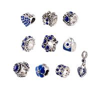 PandaHall 10pcs Alloy Rhinestone European Beads Mixed Shapes Blue Large Hole Heart Flower Spacer Loose Charm Beads for European Snake Chain Bracelets, 10~26x9~12mm