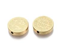 Pandahall 10pcs Saint Benedict Medal Bead 304 Stainless Steel Flat Round Golden Cross Medal Spacer Beads Charms Double Sides for DIY Easter Rosary Necklace Bracelet 14.5mm