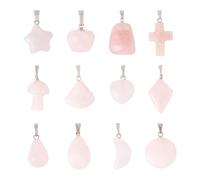 PandaHall 12pcs Natural Rose Quartz Gemstone Pendants Pink Crystal Stones Cross Mushroom Teardrop Heart Moon Charms for Gem Necklace Earring Charms Jewelry Making