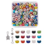 PandaHall 150pcs Rhinestone European Beads 10~12mm Rondelle Large Hole Beads with 3 Styles Alloy Dangle Charms Pendants for European Snake Chain Bracelets