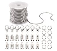 PandaHall 16.4 Feet Stainless Steel Necklace Chains 2mm Round Snake Chains with 50pcs Jump Ring & 10pcs Lobster Clasp & 30pcs Folding Crimp End for Men Women Necklace Jewelry Making