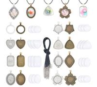 Pandahall 16 Pcs Bezel Pendant Trays Oval Heart Flower Blanks Trays Charms with Glass Cabochons Adjustable Necklace Cord for Photo Jewelry Making