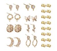 PandaHall 16pcs Cubic Zirconia Stud Earring Findings Components Flat Round Teardrop Butterfly Moon Leaf Golden Earring Posts with Loop & 20pcs Safety Earring Backs for DIY Earring Jewelry Making