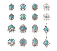 PandaHall 16pcs Tibetan Style Turquoise Chandelier Component Connector Link Charms Antique Silver Flat Round Oval Filigree Pendants for Boho Jewelry Making
