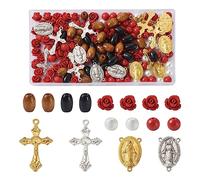Pandahall 180Pcs Cinnabar Rose Flower Beads Rosary Kit Natural Wood Bead Crucifix Cross Pendants Tibetan Style Links for Bracelet Necklace Jewelry Making