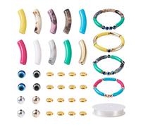 Pandahall 200Pcs Curved Tube Beads for Bracelets Making Acrylic Bamboo Tube Noodle Beads Evil Eye Resin Beads Brass Spacer Elastic Strings Jewelry Accessories