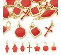 Pandahall 21Pcs Mixed Enamel Charms Brass Alloy Cute Red Geometric Hamsa Hand Flower Cross Pendants Metal Flat Back Dangle Charms with Jump Ring for DIY Necklace Bracelet Jewelry Making