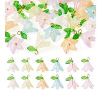 PandaHall 24pcs Acrylic Lily Flower Charms with Glass Pearl Beads Green Leaf Flower Pendants Petal Floral Dangle Charms for DIY Necklace Earring Jewelry Making