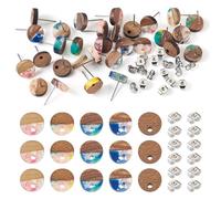 Pandahall 30Pcs Resin Walnut Wood Earrings Posts 10mm Flat Round Earrings Studs Bohemia Colors Wooden Earring Blanks with Metal Ear Nuts for DIY Women Earrings Jewelry Making