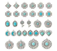 pandahall 30Pcs Tibetan Style Turquoise Charms Bohemian Alloy Cross Round Earring Charms Retro Antique Silver Western Jewelry Pendant for DIY Boho Necklace Jewelry Making