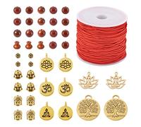 Pandahall 352Pcs/Set Rosewood Mala Beads Kit with Buddha Head Beads Tibetan Antique Golden Alloy Pendants Elastic Cords for Prayer Bracelet Necklace Lanyard Making