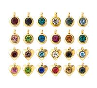 PandaHall 36pcs Heart & Flat Round Rhinestone Charms Pendant 12 Colors Gold Plated Birthstone Dangle Pendants for DIY Craft Necklace Bracelet Jewelry Making