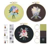 PandaHall 3pcs Embroidery Beginner Kits Bouquet Flower Embroidery Fabric Cross Stitch Kits with Beads Needle Threads Embroidery Hoop for Adults DIY Crafts