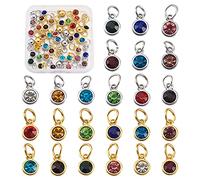 PandaHall 48pcs Flat Round Rhinestone Charms Pendant 24 Colors Gold & Silver Plated Birthstone Dangle Pendants for DIY Craft Necklace Bracelet Jewelry Making