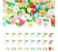 PandaHall 48pcs Tulip Flower Acrylic Charms 6-Petal Floral with Green Leaf Pendants Flower Hanging Ornaments for DIY Craft Necklace Earring Jewelry Making