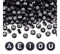 PandaHall 500pcs Acrylic Flat Round Alphabet Beads 7mm Black Vowel Letters Spacer Loose Beads with White Letter A E I O U for Jewelry Making