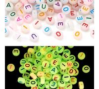 PandaHall 500pcs Luminous Flat Round Alphabet Beads Glow in The Dark Vowel Letters Spacer Loose Beads with Letter A E I O U for Jewelry Making