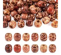 PandaHall 50Pcs Large Hole Printed Barrel Wooden Beads 16mm Mixed Jewelry Craft Making Loose Spacer Charm Wood Beads