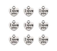 PandaHall 50pcs Tibetan Style Alloy Heart Charms Pendants with Word I Love You Antique Silver Mini Love Charms Metal Dangle Pendants for Necklace Bracelet Jewelry Making