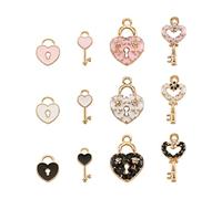 PandaHall 60pcs Heart Lock And Key Charms Mini Alloy Enamel Padlock & Heart Key Pendants with Rhinestone Light Gold Plated for Valentine's Day Locked Bracelet Necklace Jewelry Making, White