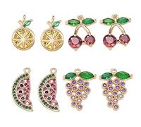 PandaHall 8pcs Fruit Theme Crystal Cubic Zirconia Charms Pendant Cherry Grape Lemon Watermelon Real 18K Gold Plated Rhinestone Dangle Charms for Bracelet Earring Jewelry Making