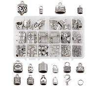 PandaHall 96pcs 14 Styles Tibetan Silver Glue in Leather Cord End Tassel Caps Column Barrel Loop Clasps with 96pcs Jump Rings & 48pcs Lobster Claw Clasp for Jewelry Making
