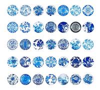 PandaHall About 50pcs/Box Blue & White Flower Printed Half Round Flat Back Glass Cabochons 1 Inch (25mm) for Jewelry Making