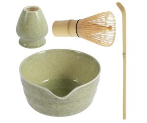PandaHug 4Pcs Matcha Whisk Set, Zen Style, Green, Ceramic & Bamboo, WHISK_UTENSIL, Matcha Tea Set, 14×12.6×7.2cm (Bowl), 5.3×11.3cm (Whisk), 18cm (Scoop), 6×7cm (Holder), 500ml/17oz Bowl Capacity