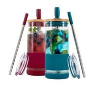 Pandaloo® Glass Cups With Lids and Straws -20 Fl Oz- Perfect Size Iced Coffee Cup - Smoothie Cup With Bamboo Lid and On the go Lid - Glass Tumbler (2 Count (Pack of 1), Boysenberry-Intense Teal)