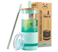 Pandaloo® Glass Cups With Lids and Straws -20 Fl Oz- Perfect Size Iced Coffee Cup - Smoothie Cup With Bamboo Lid and On the go Lid - Glass Tumbler With Straw (1 Count (Pack of 1), Carribean Blue)