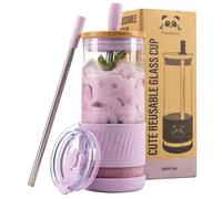 Pandaloo® Glass Cups With Lids and Straws -20 Fl Oz- Perfect Size Iced Coffee Cup - Smoothie Cup With Bamboo Lid and On the go Lid - Glass Tumbler With Straw (1 Count (Pack of 1), Lilac Rhapsody)