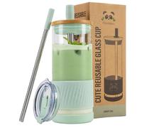 Pandaloo® Glass Cups With Lids and Straws -20 Fl Oz- Perfect Size Iced Coffee Cup - Smoothie Cup With Bamboo Lid and On the go Lid (Sweet Sage, 1 Count (Pack of 1)