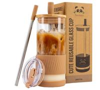 Pandaloo® Glass Cups With Lids and Straws -20 Fl Oz- Perfect Size Iced Coffee Cup - Smoothie Cup With Bamboo Lid and On the go Lid - Glass Tumbler With Straw (1 Count (Pack of 1), Amber Sand)