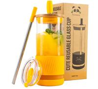 Pandaloo® Glass Cups With Lids and Straws -20 Fl Oz- Perfect Size Iced Coffee Cup - Smoothie Cup With Bamboo Lid and On the go Lid - Glass Tumbler With Straw (1 Count (Pack of 1), Maracuja Dream)