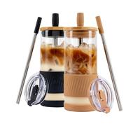 Pandaloo® Glass Cups With Lids and Straws -20 Fl Oz- Perfect Size Iced Coffee Cup - Smoothie Cup With Bamboo Lid and On the go Lid - Glass Tumbler (2 Count (Pack of 1), Amber Sand-Black Saphir)