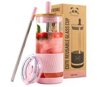 Pandaloo® Glass Cups With Lids and Straws -20 Fl Oz- Perfect Size Iced Coffee Cup - Smoothie Cup With Bamboo Lid and On the go Lid - Glass Tumbler With Straw (1 Count (Pack of 1), Tender Pink)