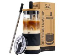 Pandaloo® Glass Cups With Lids and Straws -20 Fl Oz- Perfect Size Iced Coffee Cup - Smoothie Cup With Bamboo Lid and On the go Lid - Glass Tumbler With Straw (1 Count (Pack of 1), Black Saphir)