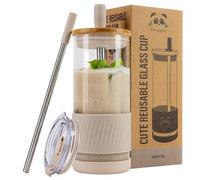 Pandaloo® Glass Cups With Lids and Straws -20 Fl Oz- Perfect Size Iced Coffee Cup - Smoothie Cup With Bamboo Lid and On the go Lid (Creamy Mushroom, 1 Count (Pack of 1)