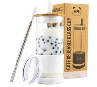 Pandaloo® Glass Cups With Lids and Straws -20 Fl Oz- Perfect Size Iced Coffee Cup - Smoothie Cup With Bamboo Lid and On the go Lid - Glass Tumbler With Straw (1 Count (Pack of 1), Coton White)