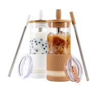 Pandaloo® Glass Cups With Lids and Straws -20 Fl Oz- Perfect Size Iced Coffee Cup - Smoothie Cup With Bamboo Lid and On the go Lid - Glass Tumbler (2 Count (Pack of 1), Amber Sand-Coton White)