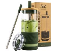 Pandaloo® Glass Cups With Lids and Straws -20 Fl Oz- Perfect Size Iced Coffee Cup - Smoothie Cup With Bamboo Lid and On the go Lid - Glass Tumbler With Straw (1 Count (Pack of 1), Mediterranean Olive)