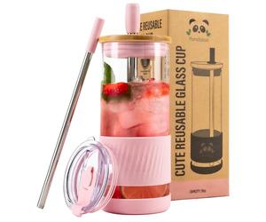 Pandaloo® Glass Cups With Lids and Straws -20 Fl Oz- Perfect Size Iced Coffee Cup - Smoothie Cup With Bamboo Lid and On the go Lid - Glass Tumbler With Straw (1 Count (Pack of 1), Tender Pink)