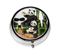 Pandas of Father and Son Metal Iron Electroplating, Round Pill Box, 2.0x2.0x0.7 inches, with 3 Plastic compartments