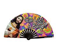 PandaTak Large Funny Folding Handheld Fans: 13-inch Bamboo Rave Fan, Foldable and Perfect for Gay Parties, EDM Festivals and Ravers (Can I Get a Bump Jesus)