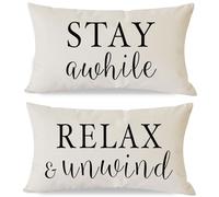PANDICORN Decorative Throw Pillow Covers 12x20 Inch Set of 2 Stay Awhile Relax & Unwind Outdoor Modern Farmhouse Porch Patio Decorations Lumbar Cushion Cases for Home Living Room Sofa Couch Decor