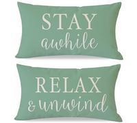 PANDICORN Decorative Throw Pillow Covers 12x20 Inch Set of 2 Stay Awhile Relax & Unwind Sage Green Outdoor Farmhouse Spring Summer Porch Patio Decorations Lumbar Cushion Cases for Sofa Couch Decor